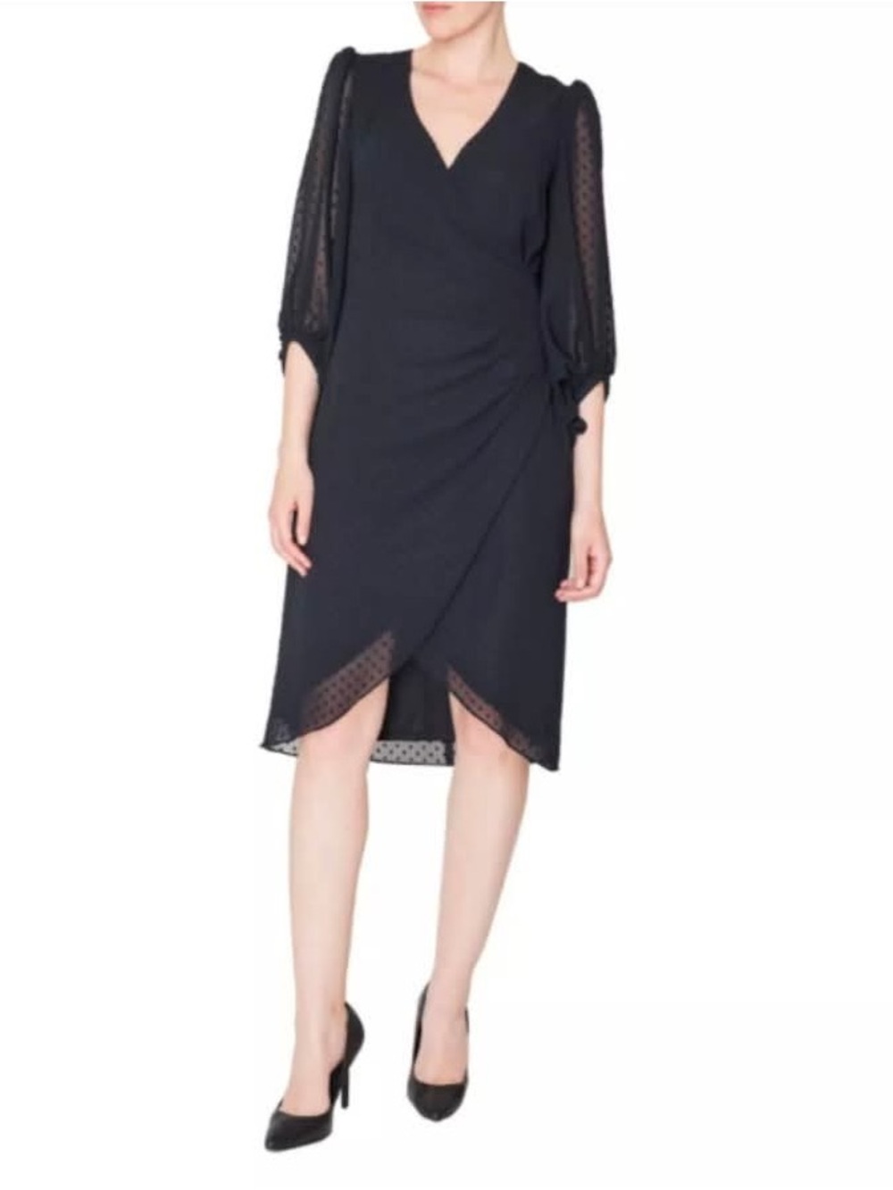 NWT Donna Ricco Black Wrap-Style Midi Dress with Sheer Dot Sleeves Sz 10